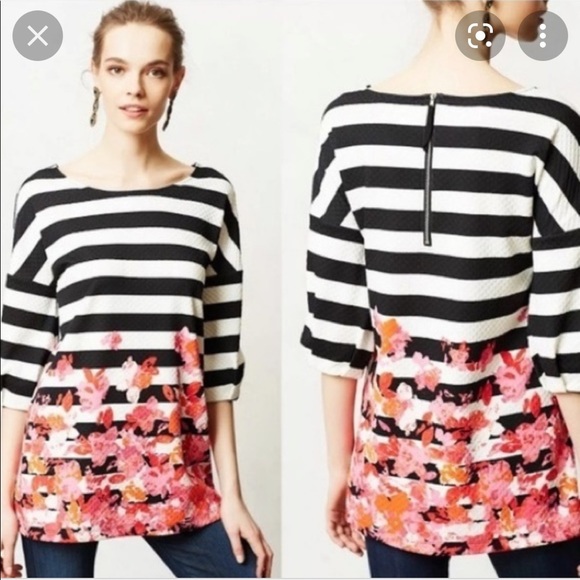 ANTHROPOLOGIE Postmark stripes floral puff sleeve tunic top - Picture 1 of 12